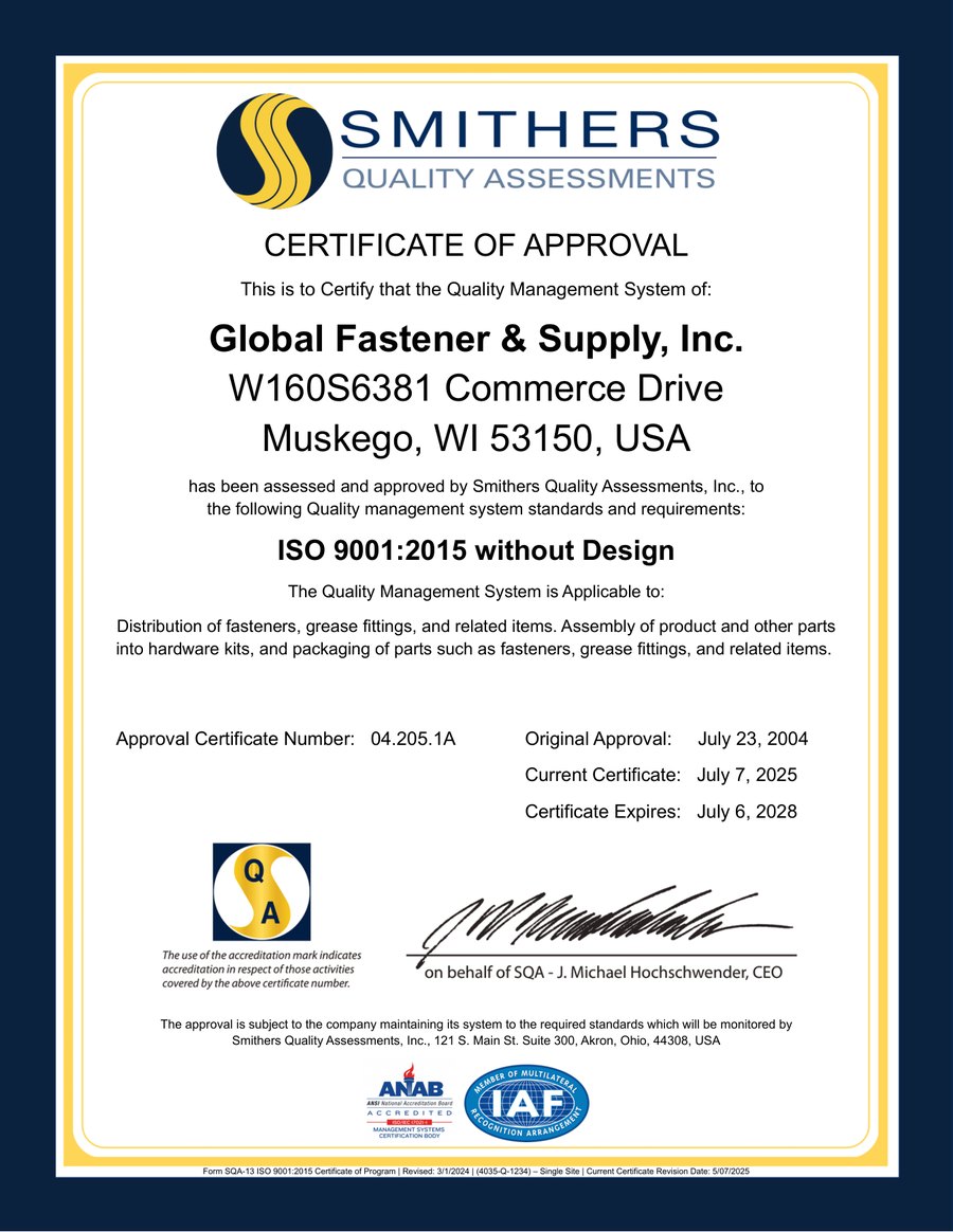 Global Fastener & Supply ISO 9001:2015 certificate